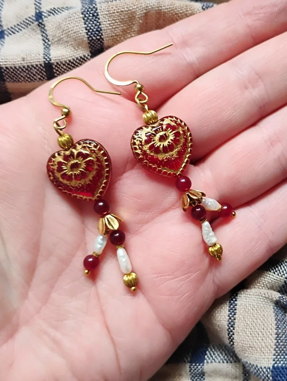 Romantic Red Heart Earrings with Ruby and Pearls